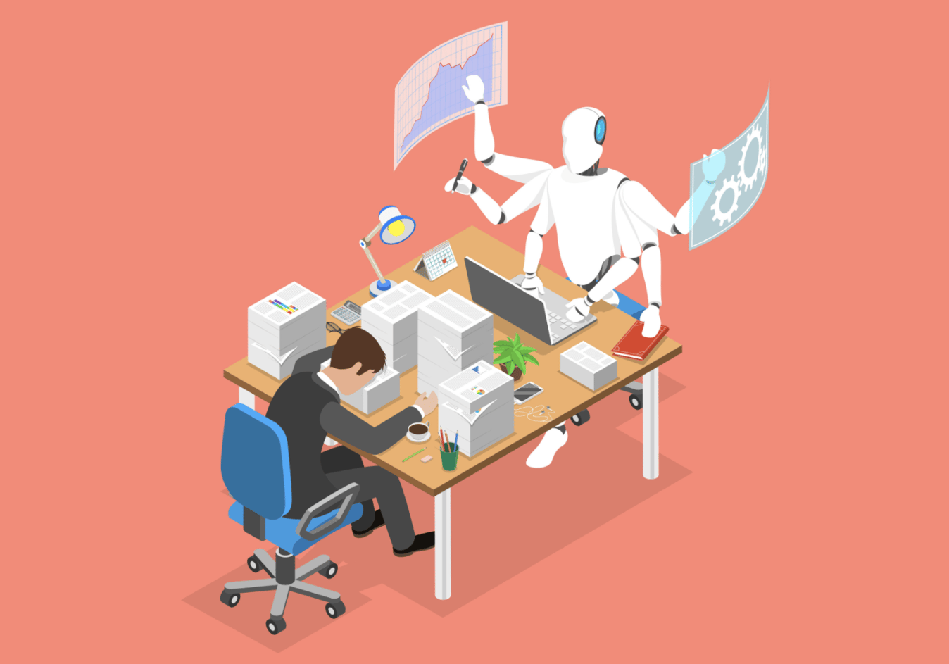  A businessman is overwhelmed with paperwork while an AI robot efficiently completes tasks on a laptop.
